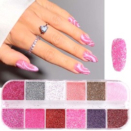 12 Grid Nail Glitter Powder Pink Sand Powder Holographic Shining Sugar Effect Glitter Candy Coat Nail Glitter Powder DIY Nail Art Decoration Crafts for Women Manicure Accessories