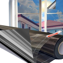 Jahoot One Way Window Privacy Film with Grids for Easy Apply, Window Tint for Home UV Sun Blocking Heat Control, Non-Adhesive Tinting Film House Office Daytime Privacy, Silver-Black, 23.6" x 157.4"