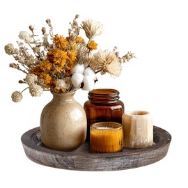 MAONAME Round Wood Serving Tray, 11” Rustic Wooden Decorative Tray, Farmhouse Trays for Coffee Table, Washed Brown Ottoman Trays for Kitchen, Living Room