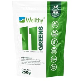 Wellthy 11 Greens: Jugo Verde en Polvo 250g con Espirulina. Producto Vegano, Fat Free, Gluten Free, NON GMO, Bottle Free.