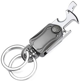 6-in-1 Multi-Tool Keychain: Durable Aluminum Bottle Opener with Phone Holder & Gyro Spinner - Secure Keyring for Keys/Bags/Belts - Outdoor, Travel, EDC (Black) 1 Pack