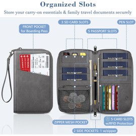 Fintie Cartera para pasaporte familiar para 5 personas, gran capacidad, bloqueo RFID, organizador de documentos de viaje, bolsa de mano con soporte para bolígrafo, tarjetas de crédito, funda