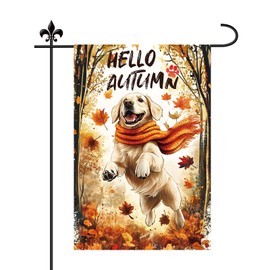 Golden Retriever Fall Garden Flag, 18x12in Double Sided Dog Autumn Garden Flags Hello Autumn Garden Flag Fall Garden Flag Autumn Garden Yard Outdoor Decorative Flag