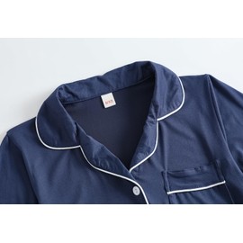 Vopmocld Unisex Kids Button Down Pajama Sets Short Sleeve & Shorts Solid Color Teens Outfit with Pockets 2pcs Lounge Sets Nightwear Jammies, Navy, 16