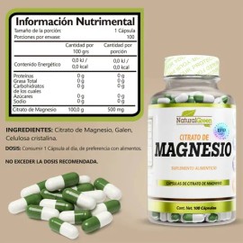 Citrato de Magnesio Natural Green 500mg - 100 Cápsulas Veganas Sin Gluten