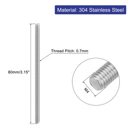 QUARKZMAN 8 Pieces Threaded Rods, M4 x 80 mm, 304 Stainless Steel, Threaded Rod with Metric Full Thread, M4-0.7 Thread Pitch for Furniture and Machine Assembly
