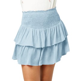 Newffr Minifalda corta con volantes fruncidos para niñas con cintura alta elástica escalonada y pantalones cortos debajo, Azul-cielo, 11-12 Años