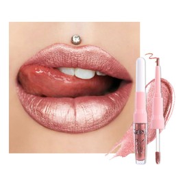 Kaely 2in1 Metallic Lipstick and Lip Liner, Shimmer Glitter Lip Gloss Long Lasting Waterproof 24 Hours, Pearlescent Sparkly Liquid Lipsticks Stain Makeup for Women, Vegan Formula, 14