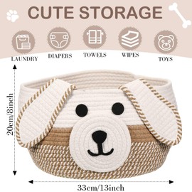 Zopeal Dog Woven Basket Cute Woven Cotton Rope Puppy Animal Storage Basket for Laundry Toy Gift (Khaki, White,13 x 8 Inch)