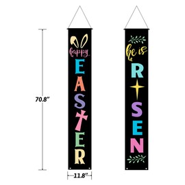 Happy Easter He Is Risen Porch Sign Banner - Easter Party Hanging Banners Decorations for Home, Indoor & Outdoor Front Door Decor with Easter Bunny, Eggs, & Jesus Christ Cross (Happy Easter He is Risen)