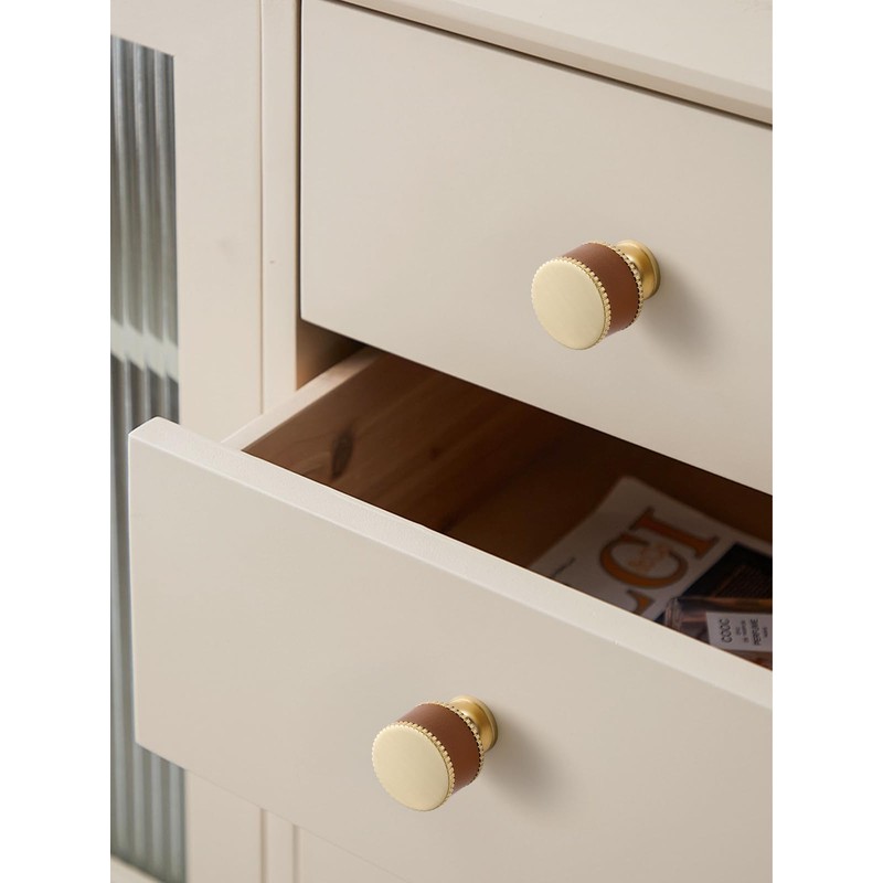 JIASENBAO Leather Drawer Pulls Round 5 Pack Gold Brown Leather