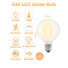 25 Pack G40 LED Replacement Bulb E12 Screw Base LED Globe Light Bulbs for Patio String Lights, Equivalent to 0.6-Watt Clear Light Bulbs