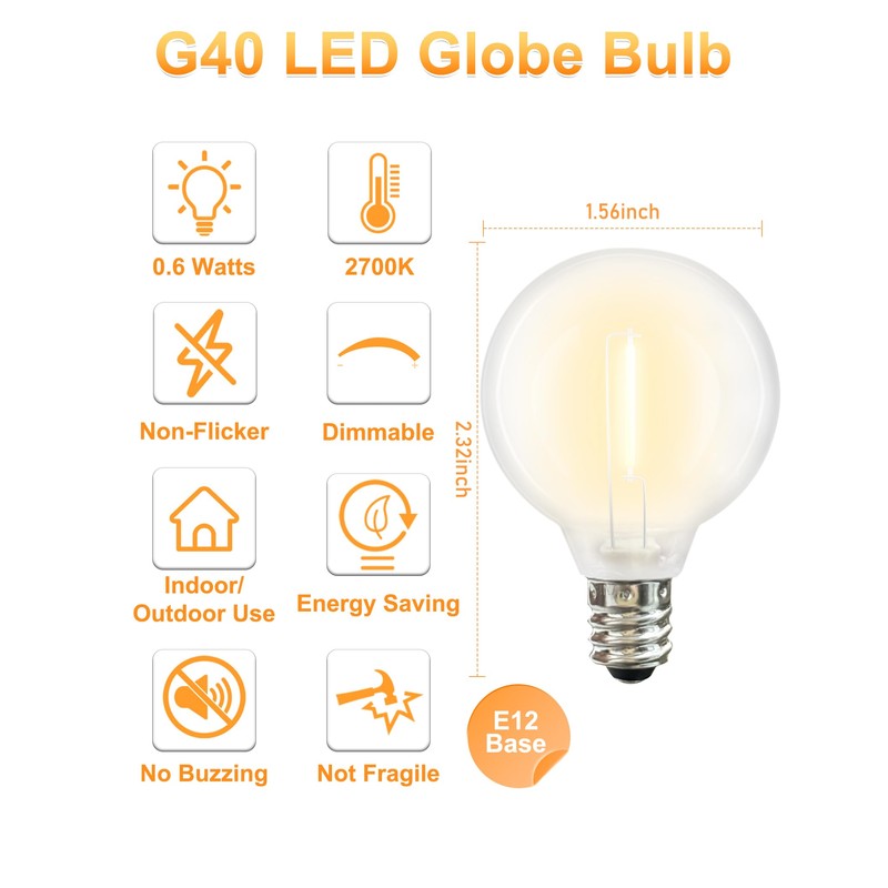 25 Pack G40 LED Replacement Bulb E12 Screw Base LED