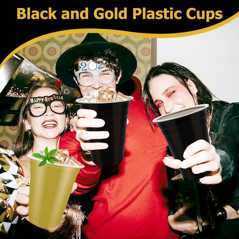 80 Pcs Black and Gold Plastic Cups- 16 oz Reusable
