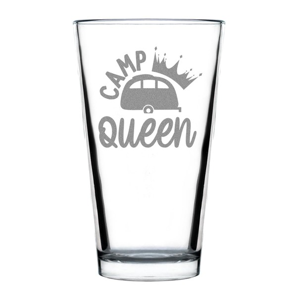 Camp Queen Pint Glass, Hand Engraved Camping, Etched Camper Funny