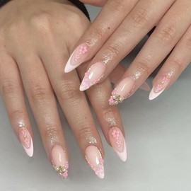 SEMATA Light Pink French Tip Press on Nails Almond Medium Acrylic Fake Nails Press Ons with Glue Flower Butterfly Cute Stick on Nail with Designs Rhinestone Bow Artificial Glue on False Nail for Women