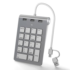 Yeemie Numpad Wired, Numeric Keypad with 3 USB 2.0 Ports, Numeric Keypad, 18 Keys, Ergonomic Mini Numeric Keypad, and Function Keys for Laptop, Tablet, Notebook, PC, Desktop and More, Aluminium