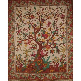 Tree of Life Tapestry Cotton Bedspread 108" x 88" Full-Queen Beige
