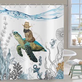Hnmdmyi Funny Shower Curtain 180x180, Cute Cowboy Cat Riding Sea Turtle Bathroom Curtains Ocean Underwater Landscape Coral Reef Marine Animal Kids Waterproof Polyester Fabric Washable Bath Curtains