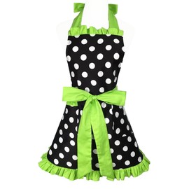 Hyzrz Cute Apron Retro Black Polka Dot Retro Ruffle Side Vintage Cooking Aprons with Pockets for Women Girls (Side Green)