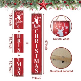 Merry Christmas Welcome Sign for Front Porch Standing, Snowflake Elk Wooden Porch Sign for Xmas Front Door Decorations, Rustic Farmhouse Red Hanging Signs Wall Sign for Christmas Decor 47.2"H
