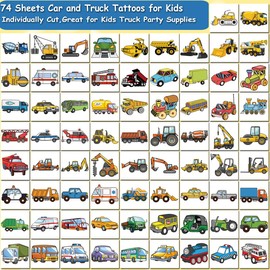 CHARLENT Car and Truck Temporary Tattoos for Kids Party Supplies - 74 Individually Sheets Car Construction Tractor Tattoos for Boys Birthday Party Favors Goodie Bag Fillers