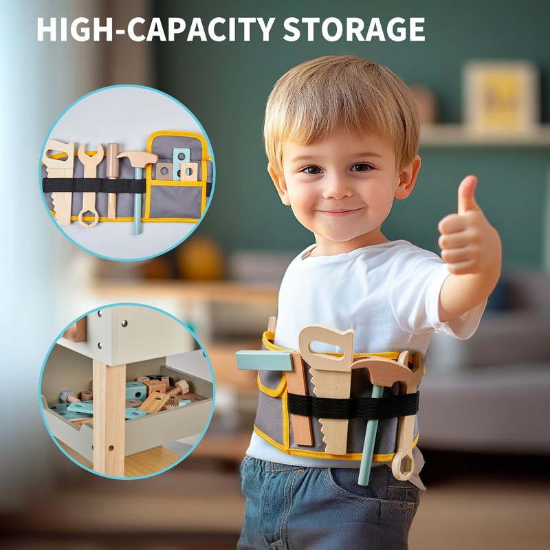 Kids Tool Set,Wooden Tools Bench with Apron Toddler Toy Workbench