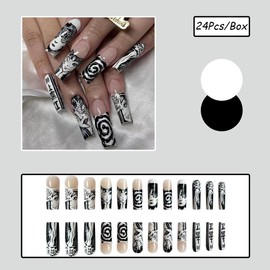 24Pcs Long Press on Nails Square French Tip Fake Nails Black White Cartoon Anime Designs Full Cover Glue on Nails Glossy Length Coffin False Nails for Women Reusable Gothic Manicure Decorations
