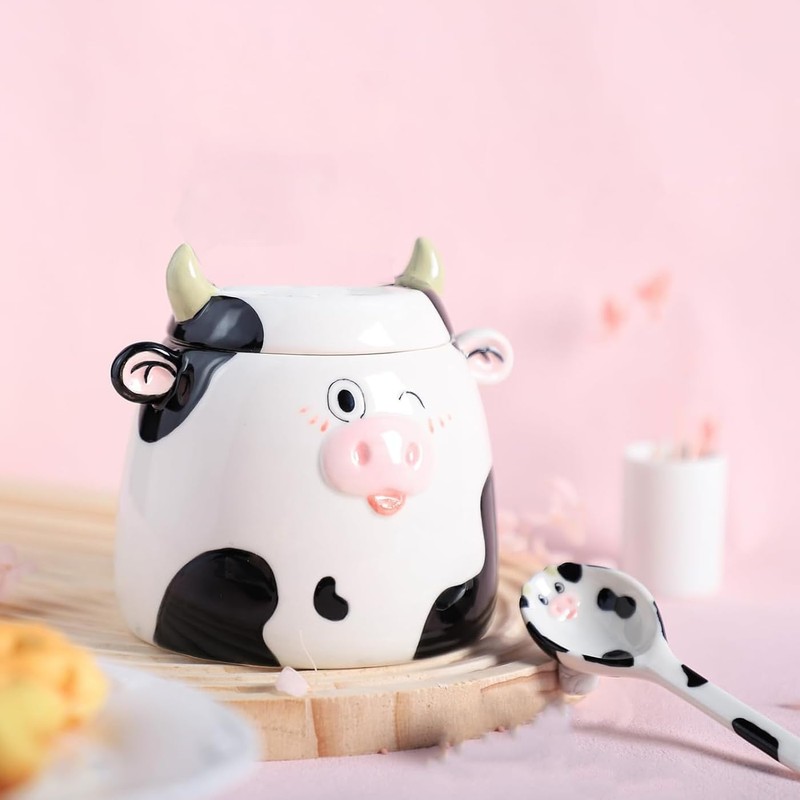 Bicuzat Cute Cow Pattern Ceramic Sugar Bowl, Cow Shaped Salt