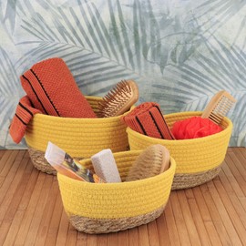 Classic Cotton Storage Baskets Organizer Padang Bins Stackable for Shelves- Set of 3 - Ideal as Diaper Basket, Dog Toy Basket, Laundry Basket or Baby Gift Basket (Yellow/Natural)