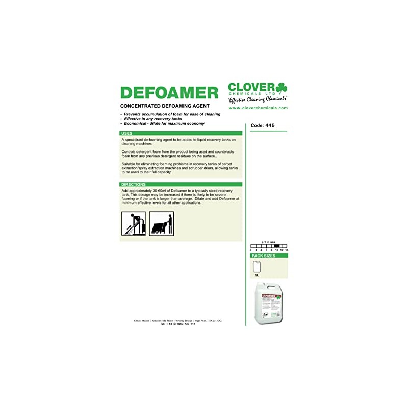 Clover Chemicals 445 Defoamer Concentrated Defoaming Agent, 5 L