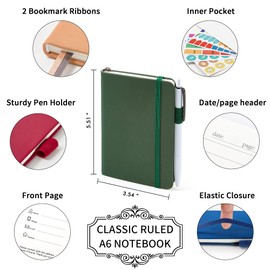 feela Pocket Mini Notebooks Bulk, Small Cute Memo Notepads Hardcover College Ruled Lined Journals with Pen Holder for School Business Work, with 6 Black Pens, 3.5”x 5.5”, 6 Pack, A6, Vintage Colors