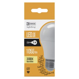 EMOS Classic LED bulb, A60, 12 W replacement for 75 W bulb, E27 socket, brightness 1 055 lm, warm white 3000 K, 25000 h service life, CRI min. 80, 250° beam angle