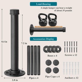 Cast Iron Wall Mounted Clothes Rack, Heavy Duty Industrial Pipe Clothing Rack for Hanging Clothes, Garment Racks for Closet Organizers and Storage, DIY Closet Rods and Closet Bar (Black 4 Pack, 8 in)