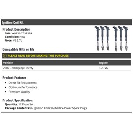 Marketplace Auto Parts Ignition Coil Kit 12 Piece Set - Compatible with 2002-2008 Jeep Liberty 3.7L V6