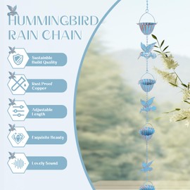 Metal Rain Chain, 7.9 Foot Rain Catcher Chain with 7 Water Cups and 7 Removable Hummingbird Decorative Rain Chains, Easy to Install Gutter Rain Collector Chain for Eaves Drainage