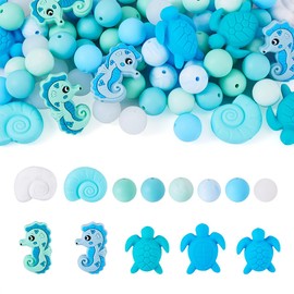FASHEWELRY - Juego de 72 cuentas de silicona con temática oceánica para hacer pulseras de goma azul a granel, concha de tortuga, caballito de mar, océano, animales, cuentas focales redondas para