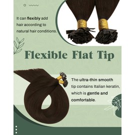 Ugeat Flat Tip Hair Extensions Real Human Hair Brown Flat Tip Remy Hair Extensions for Women Darkest Brown Pre Bonded Flat Tip Hair Extensions Natural Hair 18inch 50G 50S