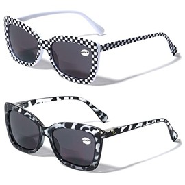 V.W.E. 2 Pairs BIFOCAL Women Big Lens Butterfly Reading SunGlasses - Fun Cateye Outdoor Glasses (1 Grey 1 Checker, 1.50, multiplier_x)