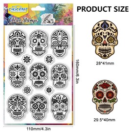 CHGCRAFT Artistic Skull Pattern Clear Stamps Skull Transparent Stamps Day of The Dead Silicone Clear Stamp Seals for Carding Making DIY Scrapbooking Photo Album Decoration, 4.3x6.3 inch