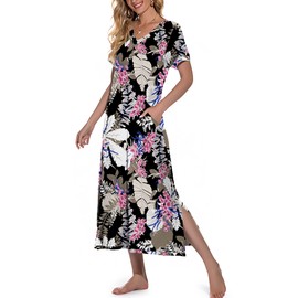 VINTATRE Womens Long Nightgown Short Sleeve Nightshirt V-Neck Soft Loungewear Casual Sleepwear with Pockets Big Leaf Pink-XL