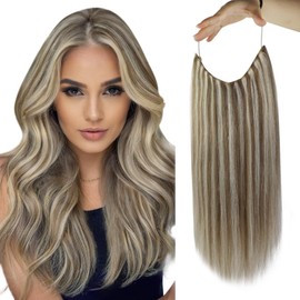 Fshine Hidden Wire Hair Extensions Real Human Hair Color 8 Ash Brown Highlight 60 Blonde Invisible Wire Human Hair Extensions 12 Inch Transparent Fish Line Clip in Extensions Human Hair 70G