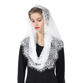 BEAUTELICATE Lace Mantilla Scarf Veil Tulle Stole Black White For Women Church Fair Chapel Catholic Bride Bridesmaid V100, White
