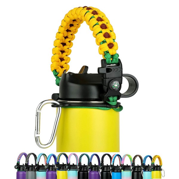 WEREWOLVES Paracord Handle - Fits Wide Mouth Bottles 12oz to 64oz - Durable Carrier, Paracord Carrier Strap Cord with Safety Ring,Compass and Carabiner - Ideal Water Bottle Handle Strap (Sunflower)
