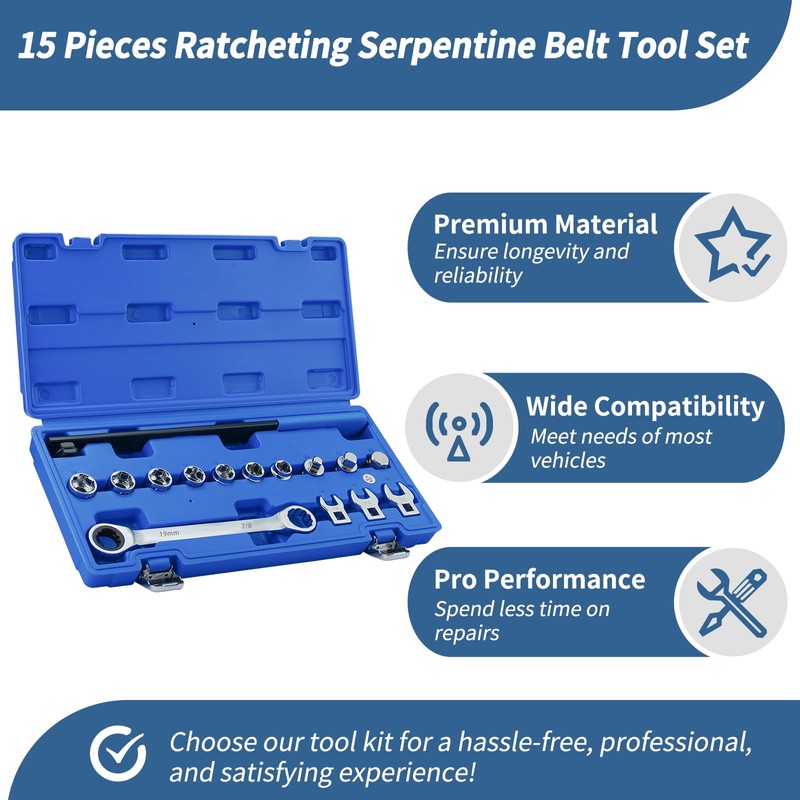 15 Pieces Ratcheting Serpentine Belt Tool Set Ratcheting Serpentine Belt