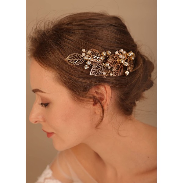 Denifery Hojas de oro rosa, pelo nupcial, vides de perlas para el pelo de boda, accesorios para el pelo de la novia (oro rosa)