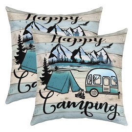 Happy Camping Throw Pillow Covers 18x18 Set of 2, Camper Cushion Covers for Sofa, Rustic Farmhouse Pillow Covers Camping Decorative Pillow Covers, Rv Car Theme Colorful Vintage Wooden Cushion Cases
