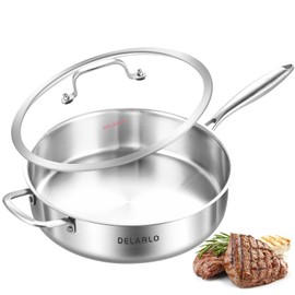 DELARLO Tri-Ply Stainless Steel Saute Pan With Lid 5.5QT,12.3Inch Deep Frying pan,Induction Large Skillet,Jumbo Cooker,Efficent Fast Even Heating Cooking Pan Dishwasher and Oven Safe