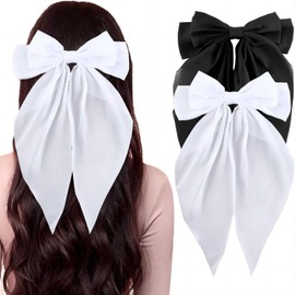 Generic 2Pcs Hair Bows for Women, Black and White Bow Ribbon Barrette,Girls Satin Big Spring Clip Hair Barrettes Long Tail Cute Hair Accessories,Large Bow Hair tie,Gifts for Girls.