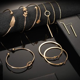 Hicarer Simple Bar Jewelry Set Vertical Bar Necklace Earrings Adjustable Cuff Bracelet for Women (Gold)